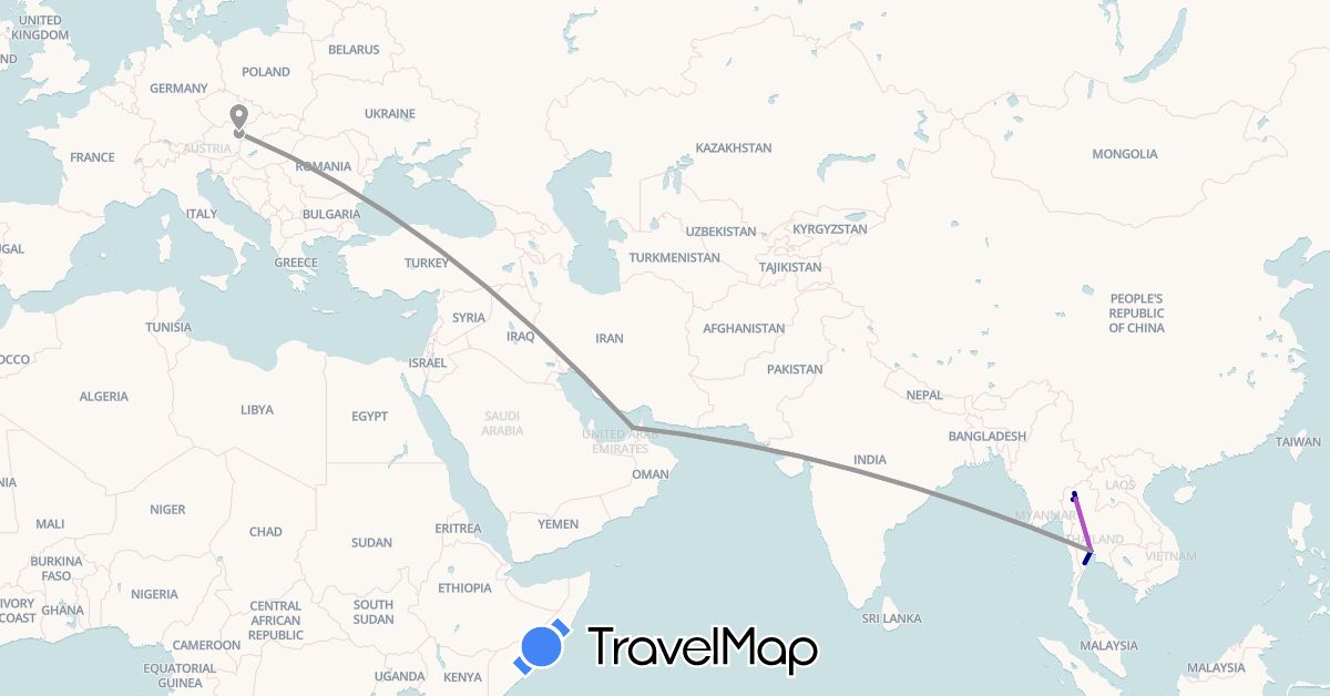 TravelMap itinerary: driving, plane, train in United Arab Emirates, Austria, Thailand (Asia, Europe)